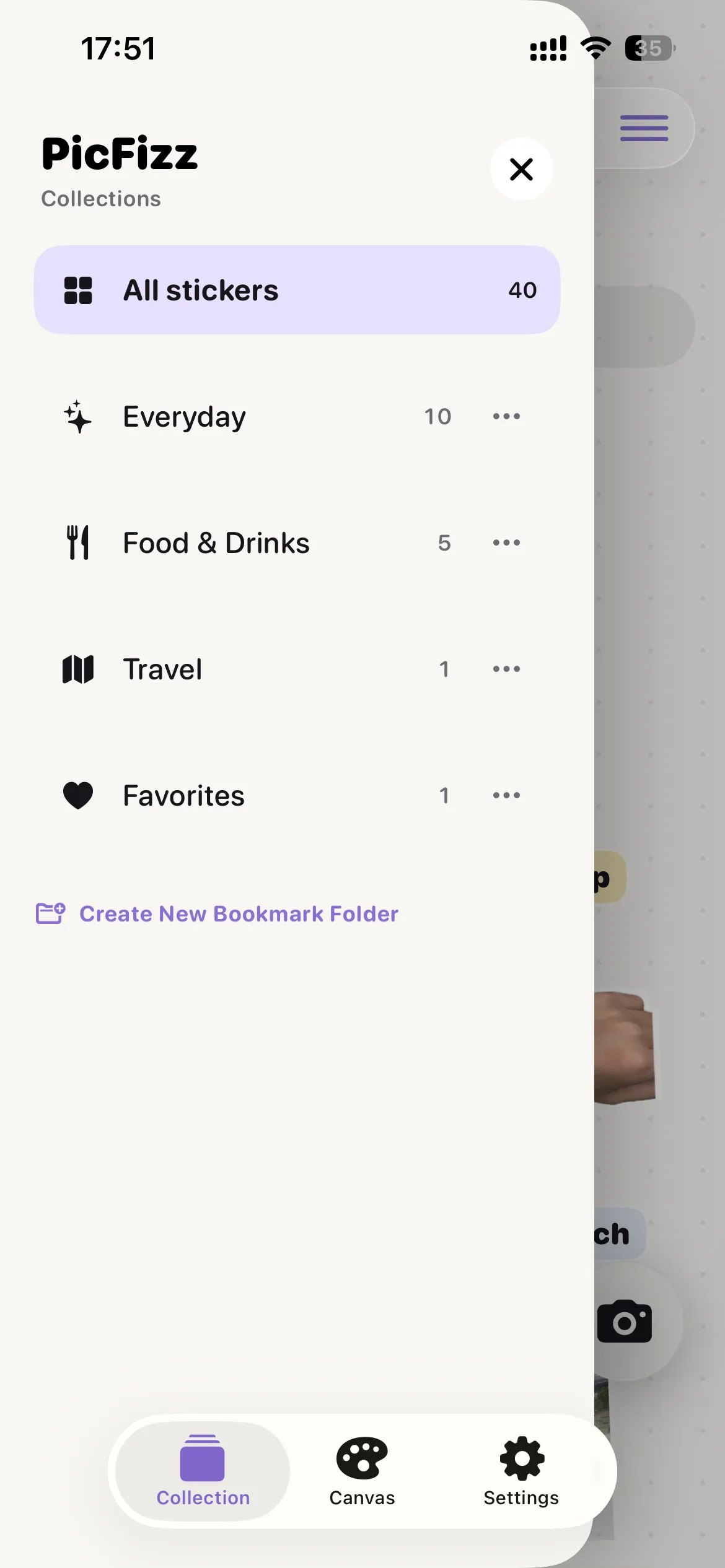 PicFizz collections drawer screenshot
